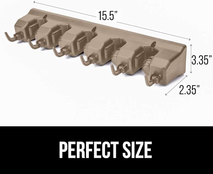 GORILLA GRIP Wall Mount Hook Fixture, Also Includes Slots to Hold Mop, Broom, Tools, Easy Install, Organize Cleaners, Tools, Home, Kitchen, Garage, 6 Hooks 5 Slots, Beige