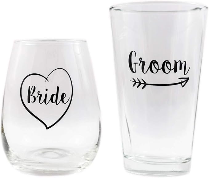 Cute Wedding Gifts - Bride and Groom Novelty Wine Glass and Beer Glass Combo - Engagement Gift for Couples
