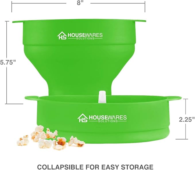 Collapsible Silicone Microwave Hot Air Popcorn Popper Bowl With Lid and Handles - Green