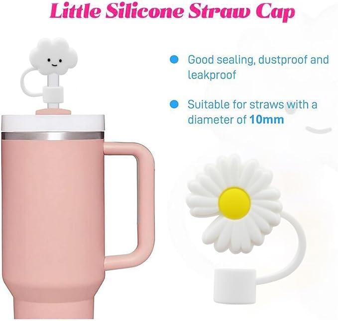 Flower Straw Cover Cap for Stanley Cup Silicone Straw Topper Compatible with 30&40 Oz Tumbler with Handle,Straw Tip Covers 10mm 0.4in for Straw Tip Covers (8Pcs Straw Cover)
