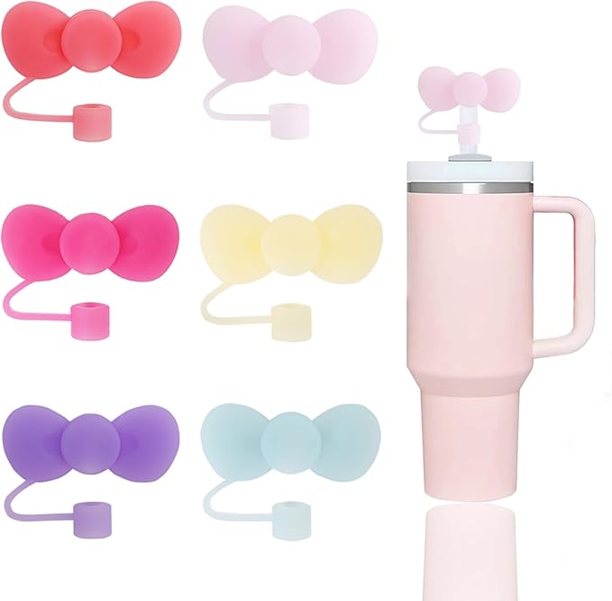 6 Pcs Candy Bow Straw Covers Cap Toppers Compatible with Stanley 30&40 oz Tumbler Cups,Reusable Cute Silicone Straws Tips Lids Protectors for 0.4 in/10mm Stanleys Cup Accessories