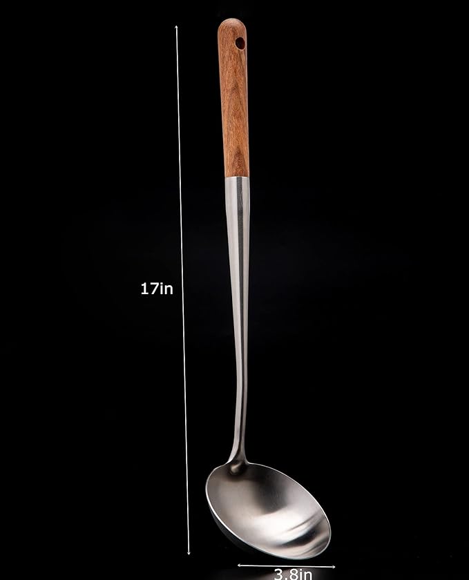 FJNATINH Soup Ladle, 17inches Ladle for wok, 304 Stainless Steel Soup Spoon Cooking Spoon for Kitchen with Wooden Handle