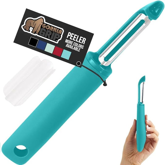GORILLA GRIP Patented BPA-Free Sharp Stainless Steel Dual Swivel Vegetable Peeler, Soft Comfortable Handle, Smoothly Peel Apples Potatoes Carrots, Includes Blade Cover, Kitchen Tool Peelers, Turquoise