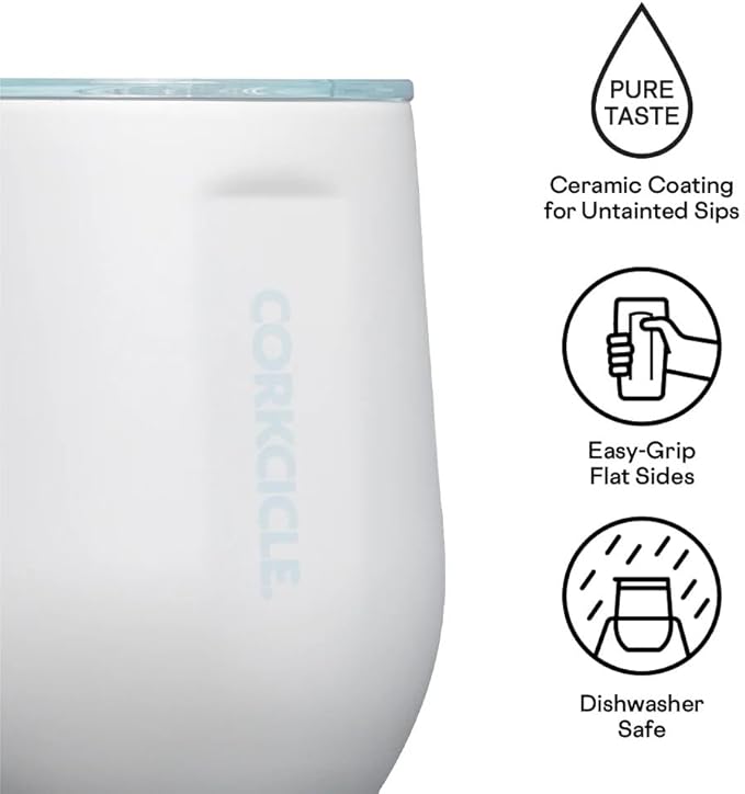 Corkcicle Pure Taste Stemless Insulated Wine Glass Tumbler - Keeps Beverages Cold 6 Hours & Hot 3 Hours - Stainless Steel - Easy-Grip - Summer Drinkware Gift - 12 oz - Ceramic White/Powder Blue
