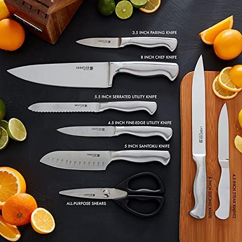 Sabatier 15-Piece Forged Stainless Steel Knife Block Set, High-Carbon Stainless Steel Kitchen Knives, Razor-Sharp Knife set with Acacia Wood Block, Stainless Steel Handles