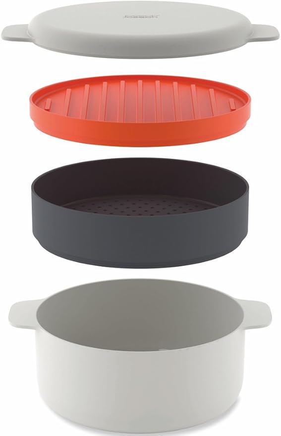 Joseph Joseph M-Cuisine Microwave 4-Piece Stackable Cooking Set, 2 liter cooking pot, steamer, griddle and lid, Orange/Beige