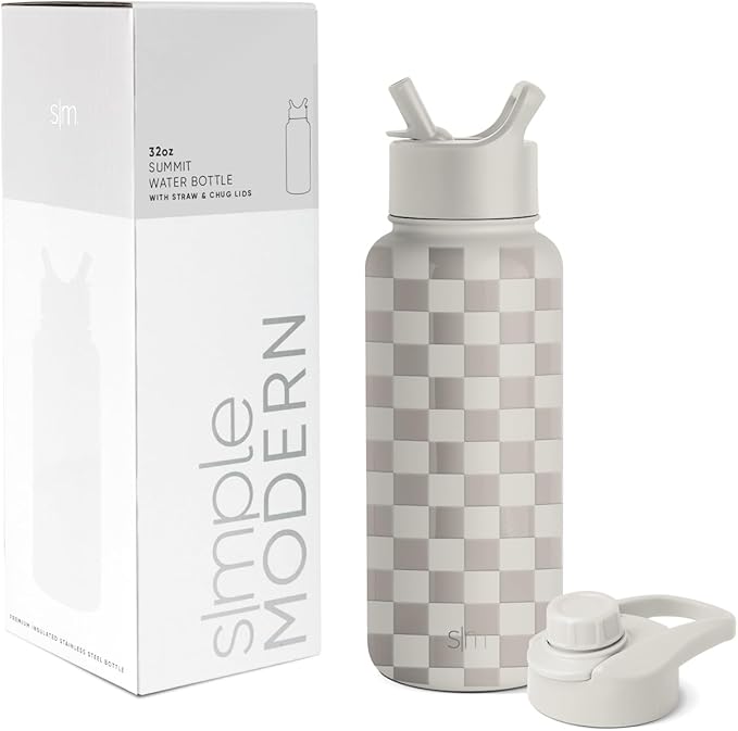 Simple Modern Water Bottle with Straw and Chug Lid Vacuum Insulated Stainless Steel Metal Thermos Bottles | Reusable Leak Proof BPA-Free Flask for Sports Gym | Summit Collection | 32oz, Checkmate