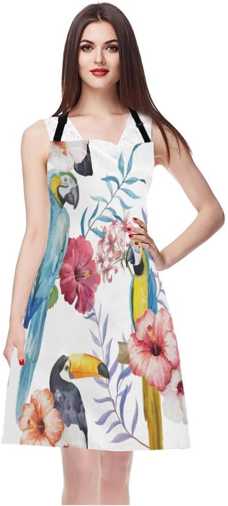 EKOBLA Bird Aprons Watercolor Flower Print Animal Parrot Branches Beautiful Summer Plant Waterproof Resistant Chef Cooking Kitchen BBQ Adjustable Aprons for Women Men 27x31 Inch