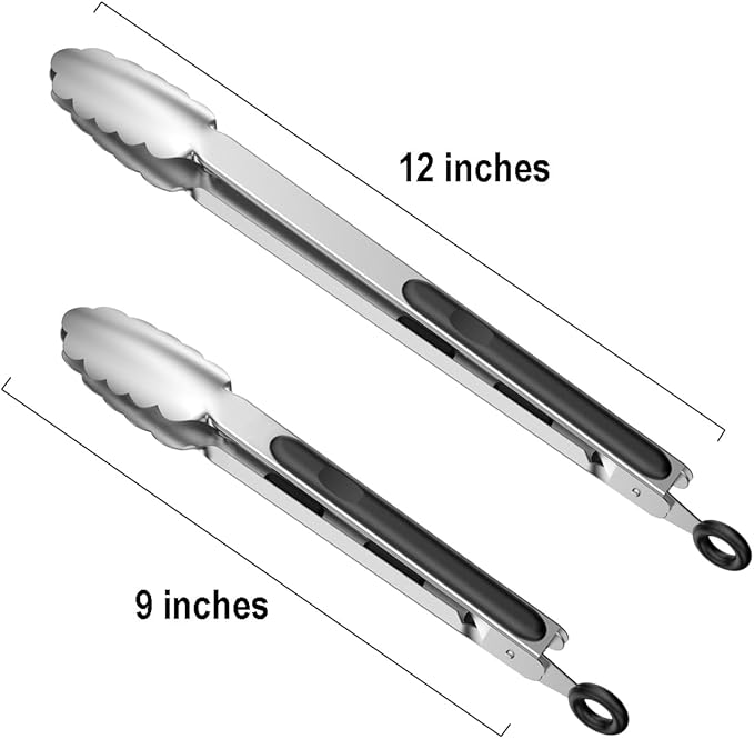 Set of 9-inch and 12-inch Stainless Steel Kitchen Tongs with Locking, Metal Cooking Tongs with Non-Slip Grip,Perfect for Grilling, Barbecue (BBQ) and More (9" & 12")
