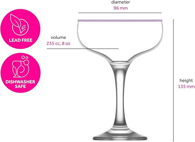 LAV Lead-Free Colorful Coupe Cocktail Glasses 8 oz Champagne Glass with Colored, Cleared Rims - Manhattan, Martini Glasses, Cocktails, Barware, Home, Restaurant, Birthday, Wedding Parties | Set of 4