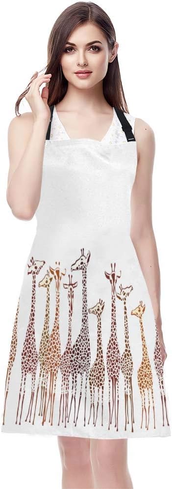 EKOBLA Giraffes Aprons Animal Cute Wild Cartoon Africa Safari Tall Group Crowded Spot Zoo Waterproof Resistant Chef Cooking Kitchen BBQ Adjustable Aprons for Women Men 27x31 Inch