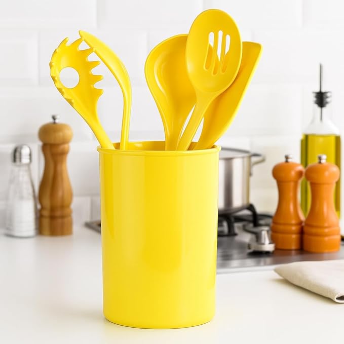 Reston Lloyd 6 Piece Kitchen Utensil Holder for kitchen counter, Utensils crock with Heat Resistant Spoon, Slotted Spoon, Ladle, Spatula BPA Free, Lemon
