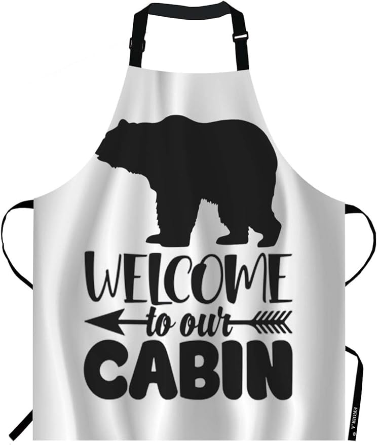 EKOBLA Welcome To Our Cabin Aprons Bear Portrait Arrow White Black Background Waterproof Resistant Chef Cooking Kitchen BBQ Adjustable Aprons for Women Men 27x31 Inch