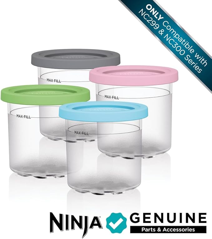 Ninja Creami Pints 4 Pack, Compatible with NC299AMZ & NC300s Series Creami Ice Cream Makers, Genuine Ninja Pint, BPA-Free & Dishwasher Safe, Color Lids, Clear/Grey/Lime/Pink/Aqua, XSKPLD4BCD