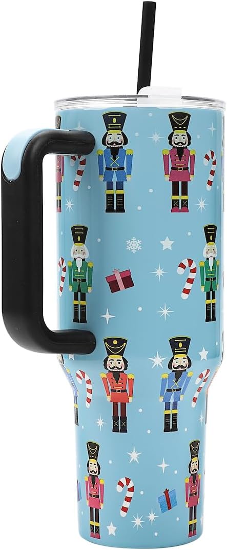 Bioworld Nutcrackers Vacuum Insulated 40 Oz. Stainless Steel Tumbler with Reusable Straw & Leak-Proof Lid, Easy Carry Handle for Travel or Home