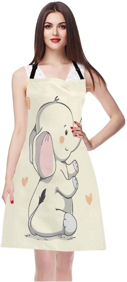 EKOBLA Elephant Aprons Kind Pretty Smiling Elephant Butterfly Trunk Cartoon Hand Drawn Waterproof Resistant Chef Cooking Kitchen BBQ Adjustable Aprons for Women Men 27x31 Inch