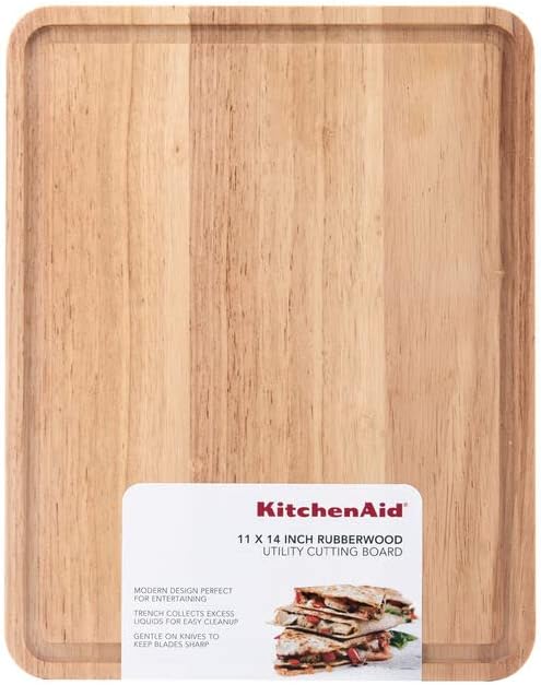 KitchenAid Classic Rubberwood Cutting Board with Perimeter Trench, Reversible Chopping Board, 11-inch x 14-Inch, Natural
