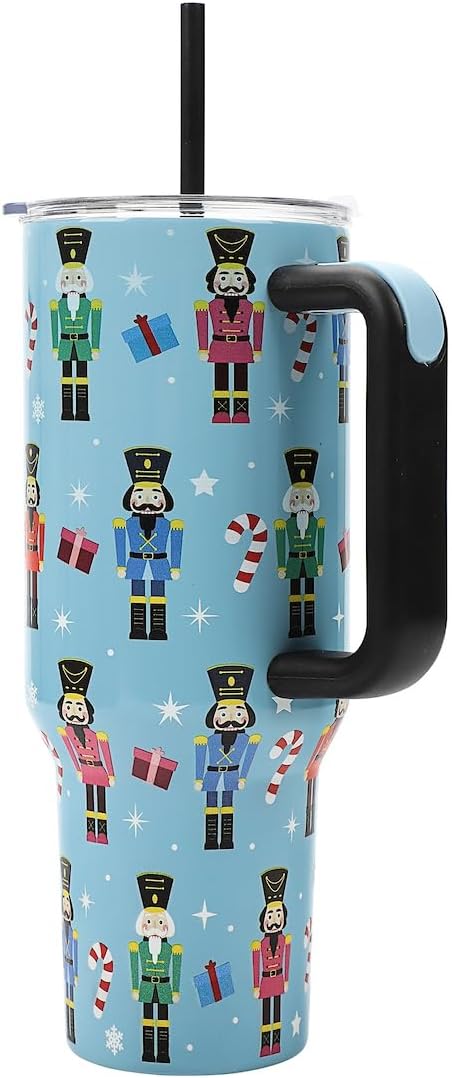 Bioworld Nutcrackers Vacuum Insulated 40 Oz. Stainless Steel Tumbler with Reusable Straw & Leak-Proof Lid, Easy Carry Handle for Travel or Home