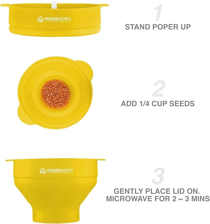 Collapsible Silicone Microwave Hot Air Popcorn Popper Bowl With Lid and Handles (Yellow)