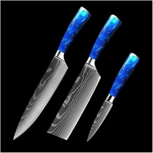 3-Piece Premium Japanese Kitchen Knife Set - Imperial Collection, Laser Damascus Pattern, 440A Stainless Steel Ultra Sharp for Fast Cutting (Blue 3J)