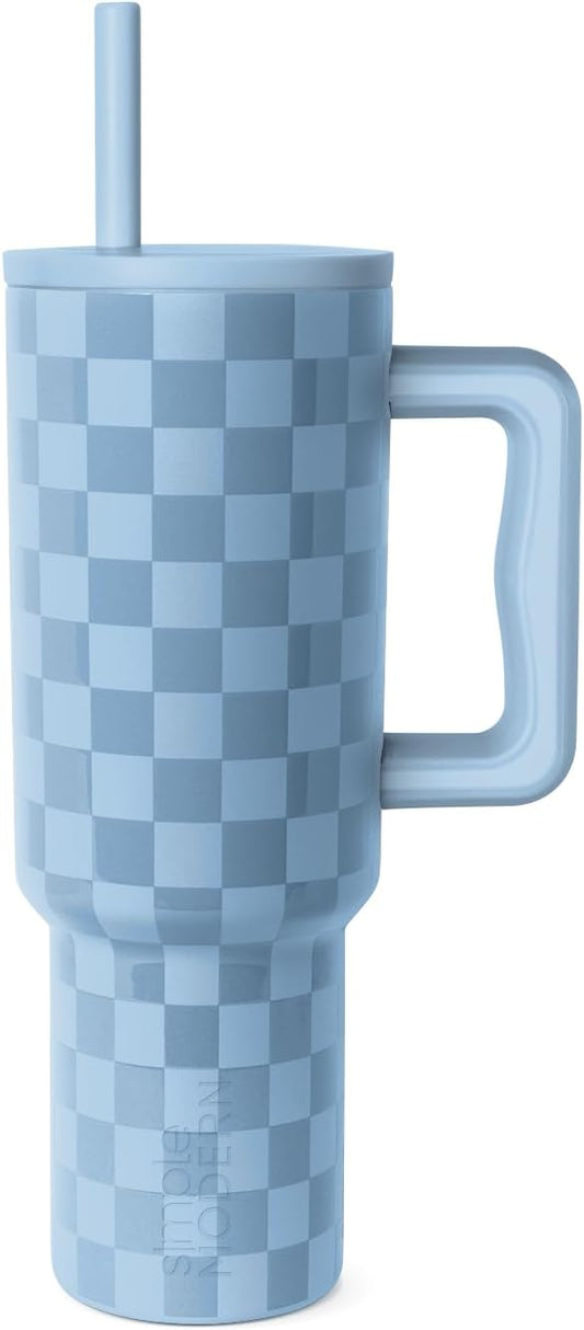 Simple Modern 40 oz Tumbler with Handle and Straw Lid | Leak-Proof Insulated Stainless Steel Water Bottle Travel Mug Cupholder Use | Gifts for Women Her | Trek Signature | Forget Me Not Checkmate