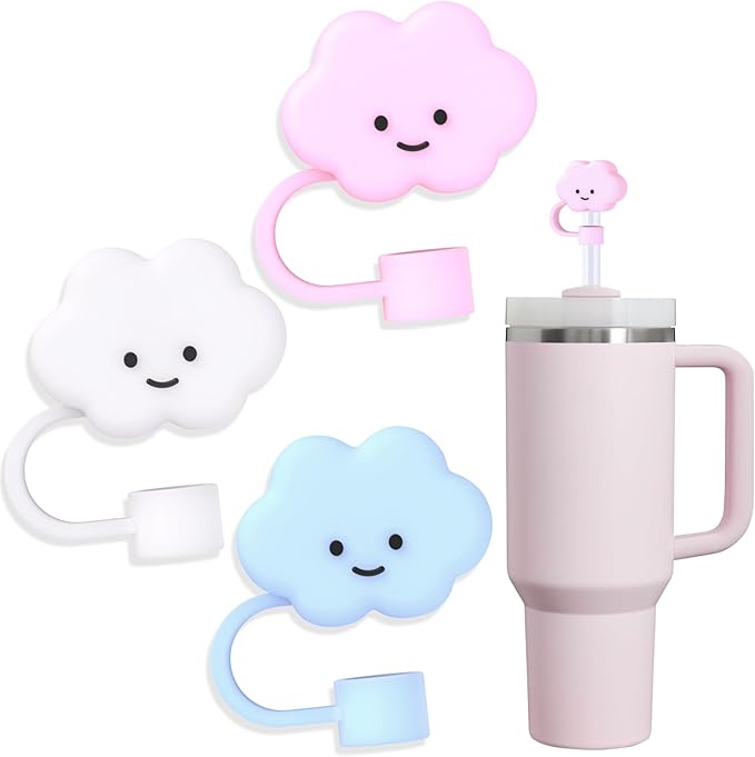 3Pcs Cute Straw Cover Cap for Stanley Tumbler 40 & 30 oz, 10mm Cloud Shape Straw Toppers, Reusable Soft Silicone Straw Covers for Stanley Cup Accessories Dust-proof Straw Protectors