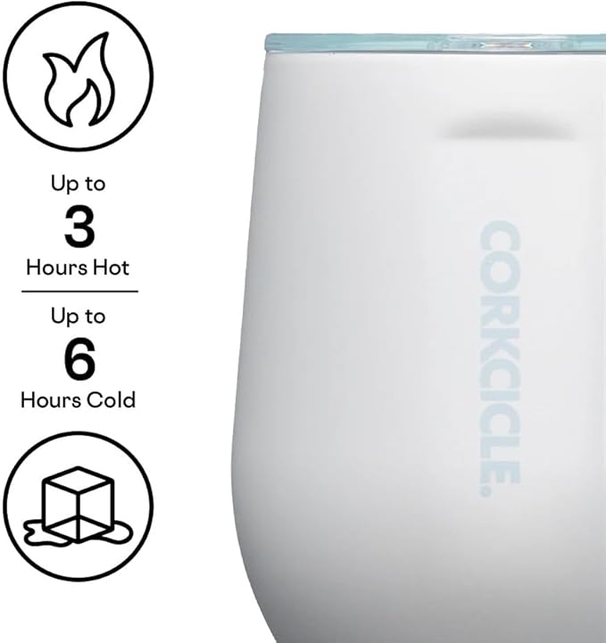 Corkcicle Pure Taste Stemless Insulated Wine Glass Tumbler - Keeps Beverages Cold 6 Hours & Hot 3 Hours - Stainless Steel - Easy-Grip - Summer Drinkware Gift - 12 oz - Ceramic White/Powder Blue
