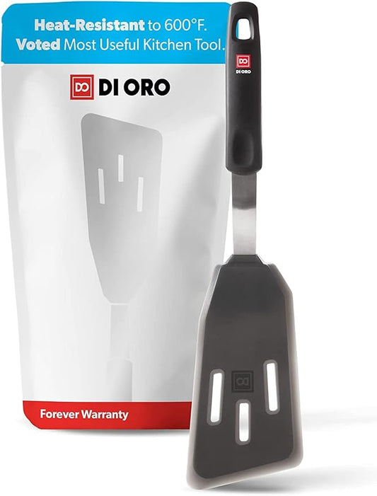 DI ORO Silicone Fish Spatula - for Nonstick Cookware - Fish Turner Spatula 600°F Heat-Resistant BPA Free - Slotted for Cooking - Non Stick Thin Egg Flipper (Black)