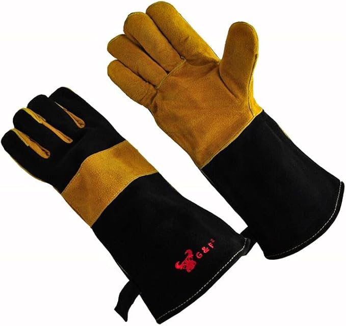 G & F Premium Leather BBQ Gloves, Heat & Fire Resistant, Suede Palm, Puncture & Cut Resistant, Cotton Lining, Ideal for Grilling, Animal Handling, Gardening, Thorn Pruning, Fire Pit & Outdoor Work