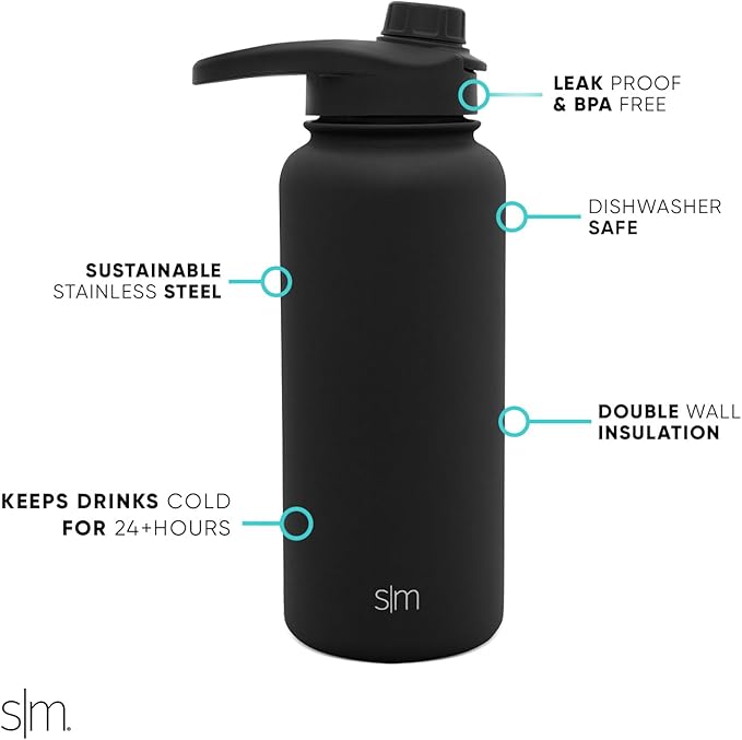 Simple Modern Water Bottle with Chug Lid Vacuum Insulated Stainless Steel Metal Thermos Bottles | Reusable Leak Proof BPA-Free Flask for Sports | Summit Collection | 32oz, Midnight Black