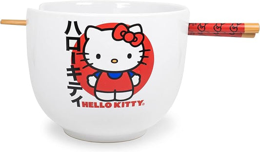 Silver Buffalo Sanrio Hello Kitty Japanese Ceramic Ramen Noodle Rice Bowl with Chopsticks, Microwave Safe, 20 Ounces