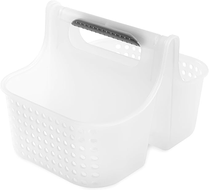 Madesmart 2-Compartment Soft Grip Shower Tote for Bathroom Organization, Plastic Storage Shower Caddy Bucket, Small, Frost