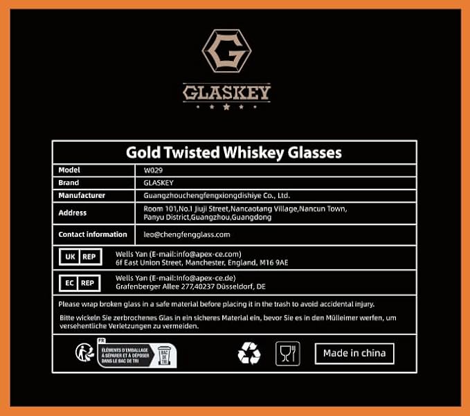 GLASKEY Crystal Whiskey Glasses Set of 2 with 24K Gold Rim,Bar Glasses,Twisted Whiskey Glass Gold Collection for Bourbon,Scotch and Wine,Rock Barware for Men Gift - 8oz