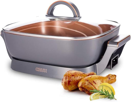 Crux Extra Deep Nonstick Scratch Resistant Electric Skillet with Removeable Temperature Probe, 12" x 12", silver (14620)