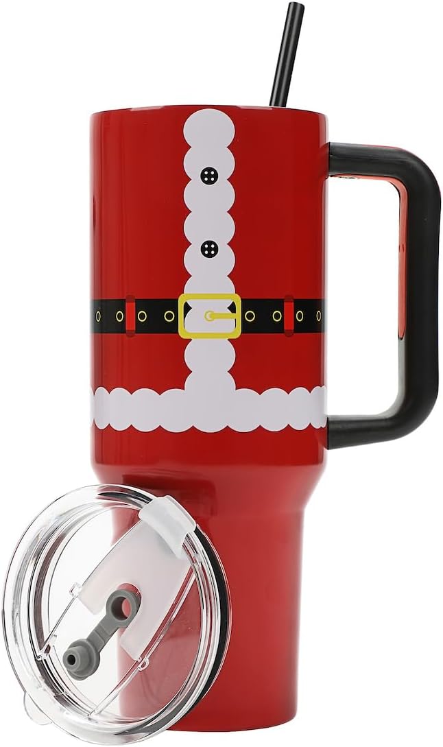 Bioworld Santa Suit Vacuum Insulated 40 Oz. Stainless Steel Tumbler with Reusable Straw & Leak-Proof Lid, Easy Carry Handle for Travel or Home