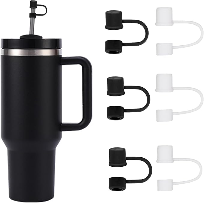 6PCS Silicone Straw Covers Cap Compatible with Stanley Cup 30-40 oz Tumbler with Handle 10mm Straw Toppers，Dust-Proof Reusable Straw Cover for Stanley Cup Accessories (Black+White)