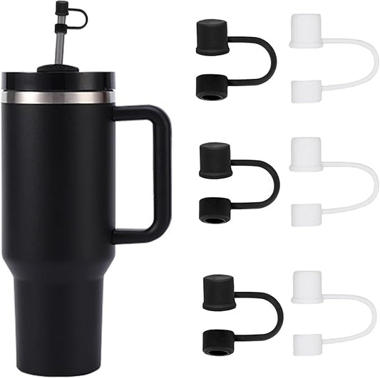 6PCS Silicone Straw Covers Cap Compatible with Stanley Cup 30-40 oz Tumbler with Handle 10mm Straw Toppers，Dust-Proof Reusable Straw Cover for Stanley Cup Accessories (Black+White)