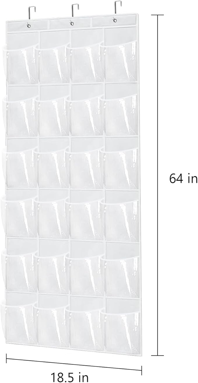 Over The Door Shoe Organizer with 24 Clear Pockets and Metal Hooks – Heavy Duty Hanging Shoe Storage Rack for Closet, Bathroom, Dorm – Space Saving Organizer for Shoes, Accessories, Toys (White)