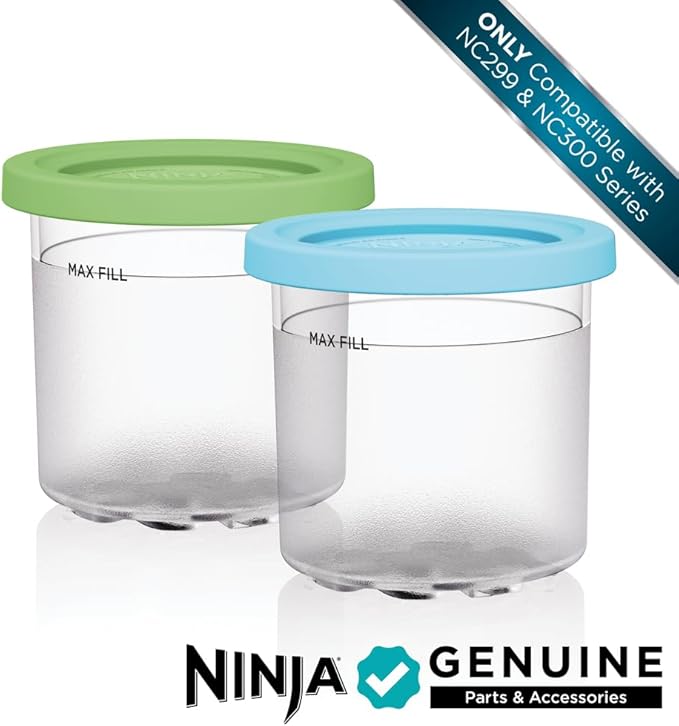 Ninja CREAMi Pints 2 Pack, Compatible with NC299AMZ & NC300s Series CREAMi Ice Cream Makers, Genuine Ninja Pint, BPA-Free & Dishwasher Safe, Color Lids, 1 Pint Each, Clear/Lime/Aqua, XSKPLID2CD