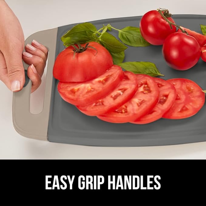 GORILLA GRIP BPA-Free Reversible Kitchen Cutting Board Set of 3, US Designed, Nonporous, Juice Grooves Catch Liquid, Slip Resistant Border, Dishwasher Safe, Durable Food Chopping Boards, Almond Gray