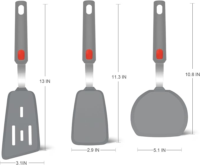 Beijiyi Silicone Spatula Turner Set of 3, 600°F Heat Resistant Nonstick Turner Spatulas for Kitchen Use, Large Flexible Silicone Cooking Utensils Rubber Spatula Set for Egg, Pancake, Fish (Gray)