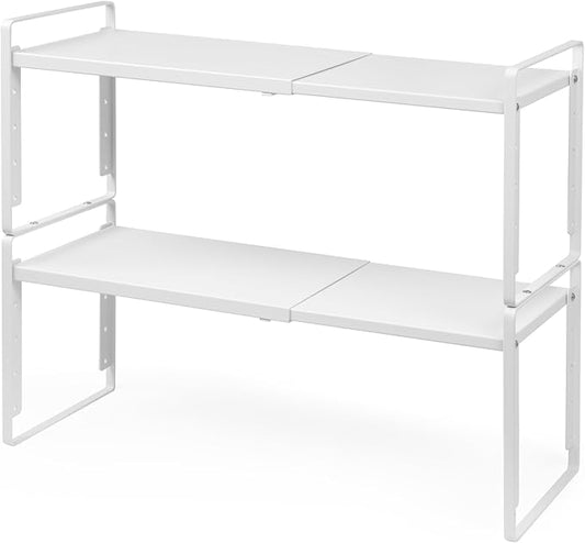 Nxconsu 2Pack Cabinet Shelf Organizer Expandable 5 Heights Adjustable Stackable Rack Riser for Kitchen Pantry Cupboard Under Sink Organization Storage Space Saver Heavy Duty Metal White