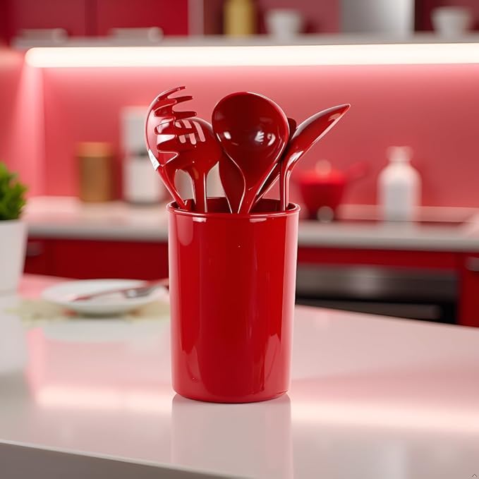 Reston Lloyd 6 Piece Kitchen Utensil Holder for Kitchen Counter, Utensils Crock with Heat Resistant Spoon, Slotted Spoon, Ladle, Spatula BPA Free, Red