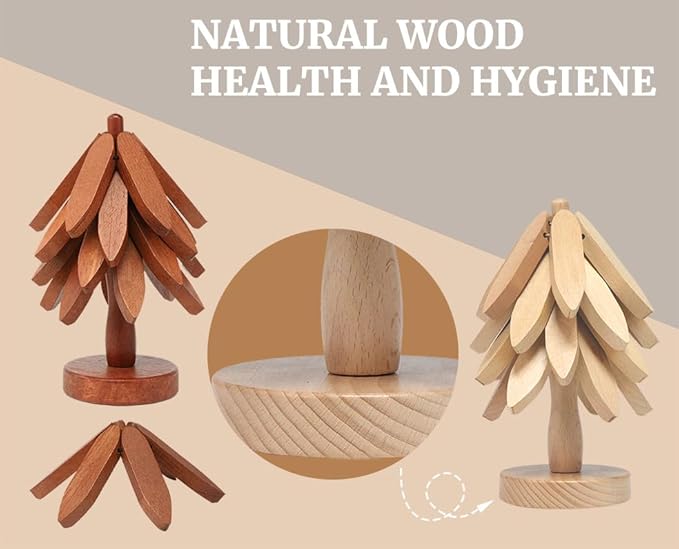 Tree Shape Wooden Trivets for Hot Dishes，4 Wooden Trivets + 1 Stand stored Like a Christmas Tree，for Easy Storage，Multifunctional Ornaments (Beech)
