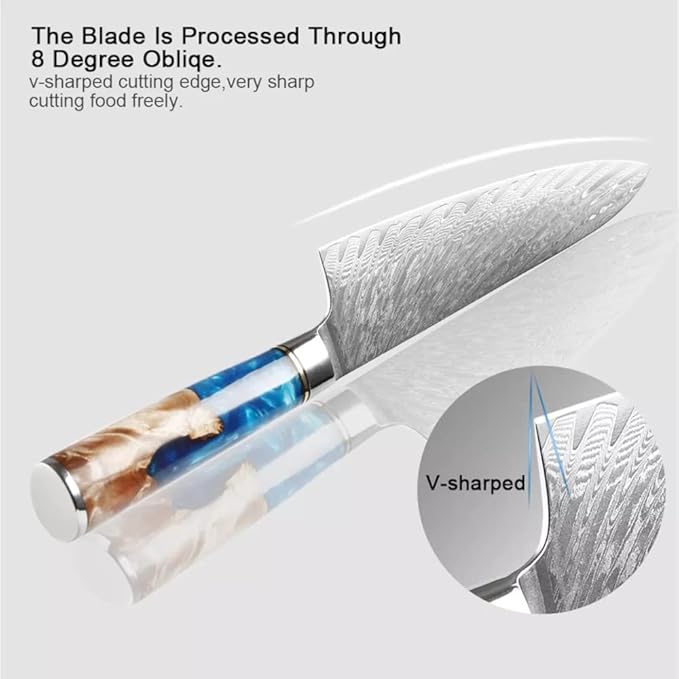 Epicurean Cook Tidal Collection 8 PCS Damascus Knife Set Japanese Kitchen Knives with VG10 Steel Core Ultra-Sharp Professional Chef Knife Set with Elegant Box and Blue Resin and Burl Wood Handles