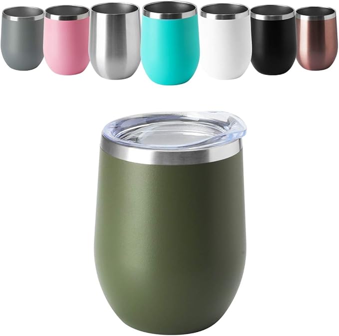 HASLE OUTFITTERS 12oz Wine Tumbler with Lid Stemless Wine Glasses Double Wall Vacuum Travel Mugs stainless steel Coffee Cup for Cold & Hot Drinks Wine Coffee Cocktails Beer 12 Pack Army Green