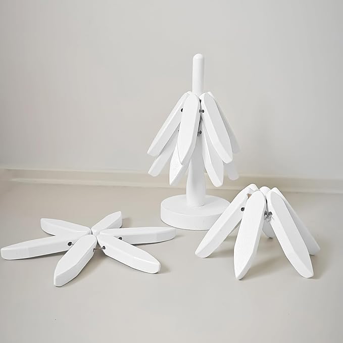 Wooden Trivets for Hot Dishes, Tree Shape Trivet Set, 4 Walnut Wood + 1 Stand stored Like a Christmas Tree,Foldable Kitchen Wooden Trivet,for Hot Dishes、Pot、Bowl、Teapot、Hot Pot Holder (White)