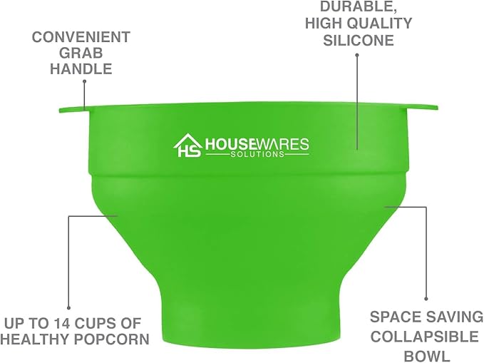 Collapsible Silicone Microwave Hot Air Popcorn Popper Bowl With Lid and Handles - Green