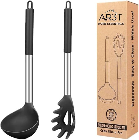 AR3T Home Essentials Silicone Pasta Fork and Ladle Spoon Set, Large Non-Stick Kitchen Utensils for Cooking, Serving