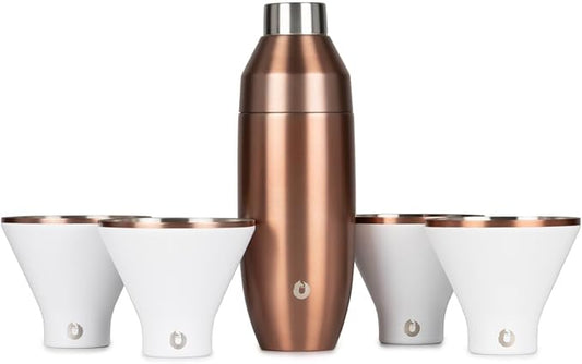 Snowfox Premium Vacuum Insulated Stainless Steel 22oz Cocktail Shaker and 4 Martini Glass Set, Home Bar Accessories, Elegant Drink Mixer, Leak Proof Lid & Built In Strainer, Gift Box, White/Gold